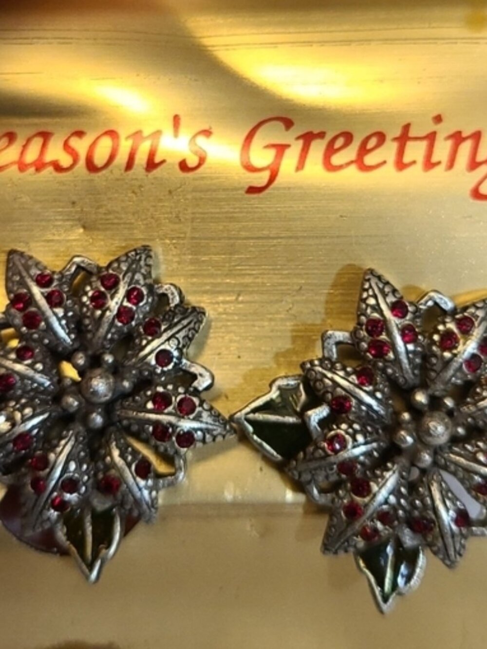 Vintage Silver Tone Red Rhinestone Poinsettia Flower Clip-on Earrings